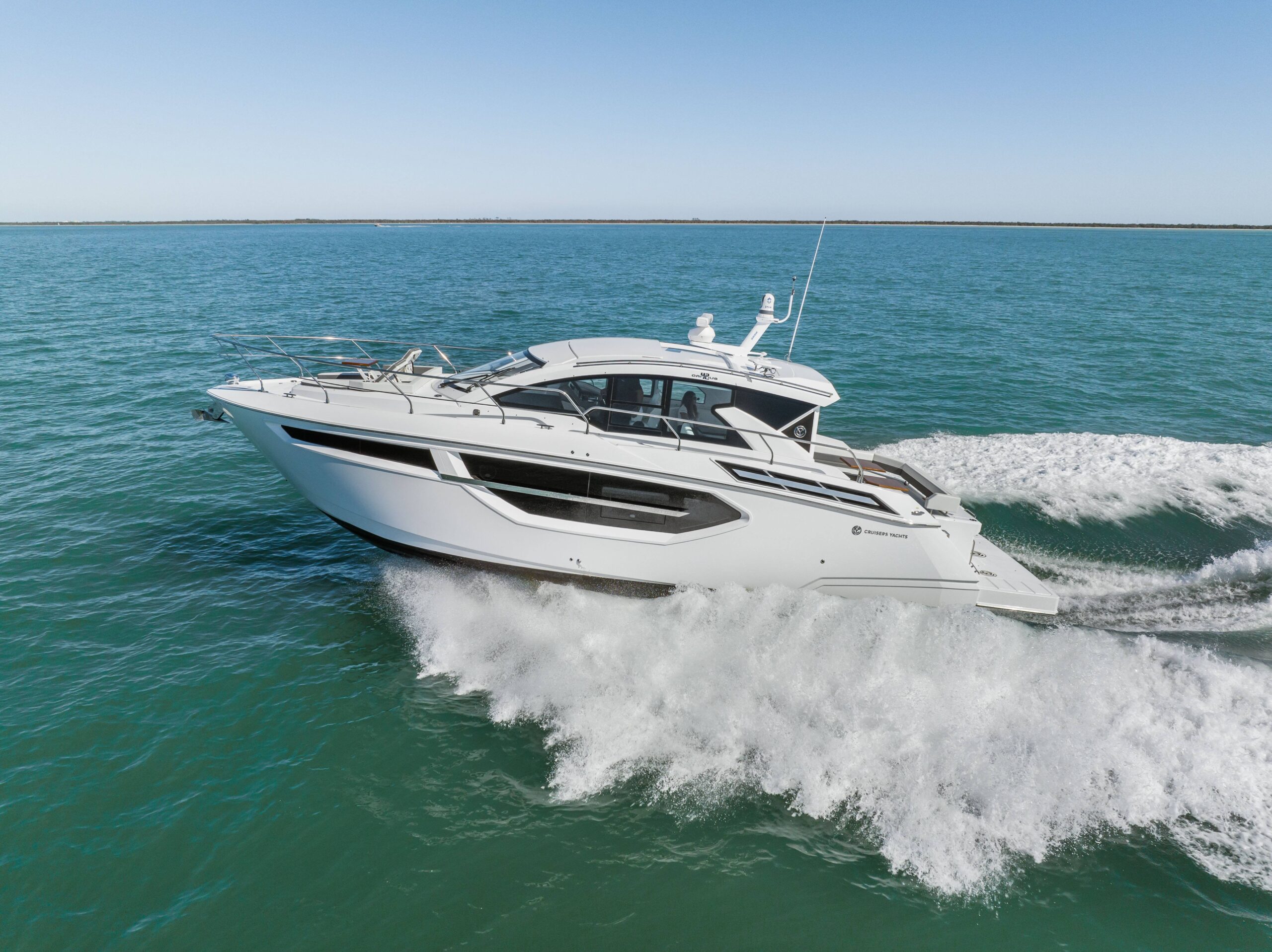 BRADventures, a sleek and modern luxury yacht managed by LivBlue, cruising through open waters, available for private charters and yacht management services.