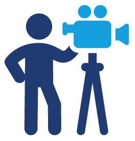 Icon of a videographer with a camera on a tripod, representing WIM Digital Media’s expertise in digital media production and 360° virtual tours.