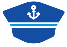Blue captain’s hat icon with an anchor, symbolizing expert licensed captain services for hire.
