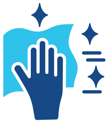 Icon of a hand wiping a surface with sparkles, symbolizing professional boat cleaning and detailing services.