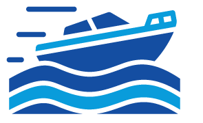Blue speedboat icon on waves, representing professional yacht and boat sales and brokerage services.